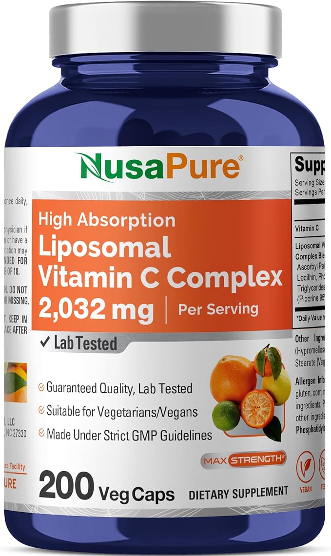NusaPure Liposomal Vitamin C 2032mg - 200 Veggie Vegan Capsules, BioPerine - High Absorption Ascorbic Acid