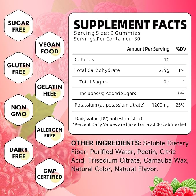 2 Pack Potassium Citrate Gummies, High Potassium Supplement 1200mg Support Leg Cramps & Muscle Health, Potassium Gummies for Adults & Kids, Vegan, Raspberry Flavor 120 Count