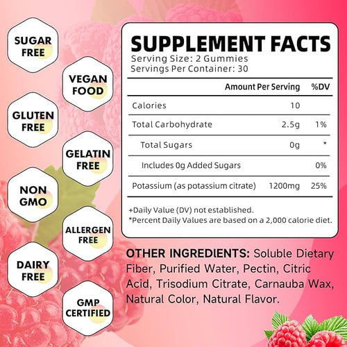 2 Pack Potassium Citrate Gummies, High Potassium Supplement 1200mg Support Leg Cramps & Muscle Health, Potassium Gummies for Adults & Kids, Vegan, Raspberry Flavor 120 Count