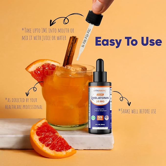 Vitamatic Melatonin 20mg Liquid Drops – 2 Fluid Ounce (59ml) – Natural Berry Flavor – for Adults – Non-GMO – Vegetarian Supplement