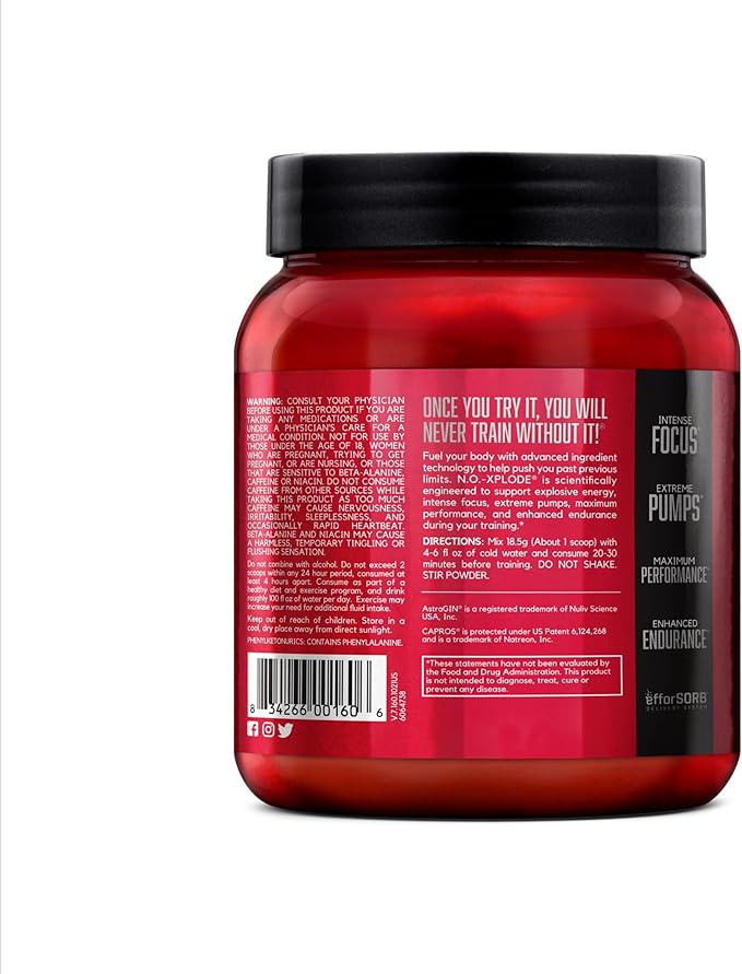 BSN N.O.-XPLODE Pre Workout Powder, Energy Supplement for Men and Women with Creatine and Beta-Alanine, Grape, 30 Servings, 1.2 Pound (Packaging May Vary)