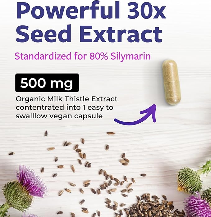 USDA Organic Milk Thistle Capsules - 80% Silymarin Supplement for Liver Support- Super Concentrated 300mg of 30:1 Milk Thistle Extract Equivalent to 9,000mg - Milk Thistle Liver Detox 60 Day Supply