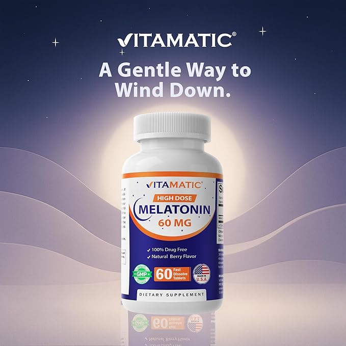 Vitamatic Melatonin 60 mg Fast Dissolve Tablets - 60 Vegan Natural Berry Flavor Tablets - Non-Habit Forming - Non-GMO, Gluten Free (3 Bottles)