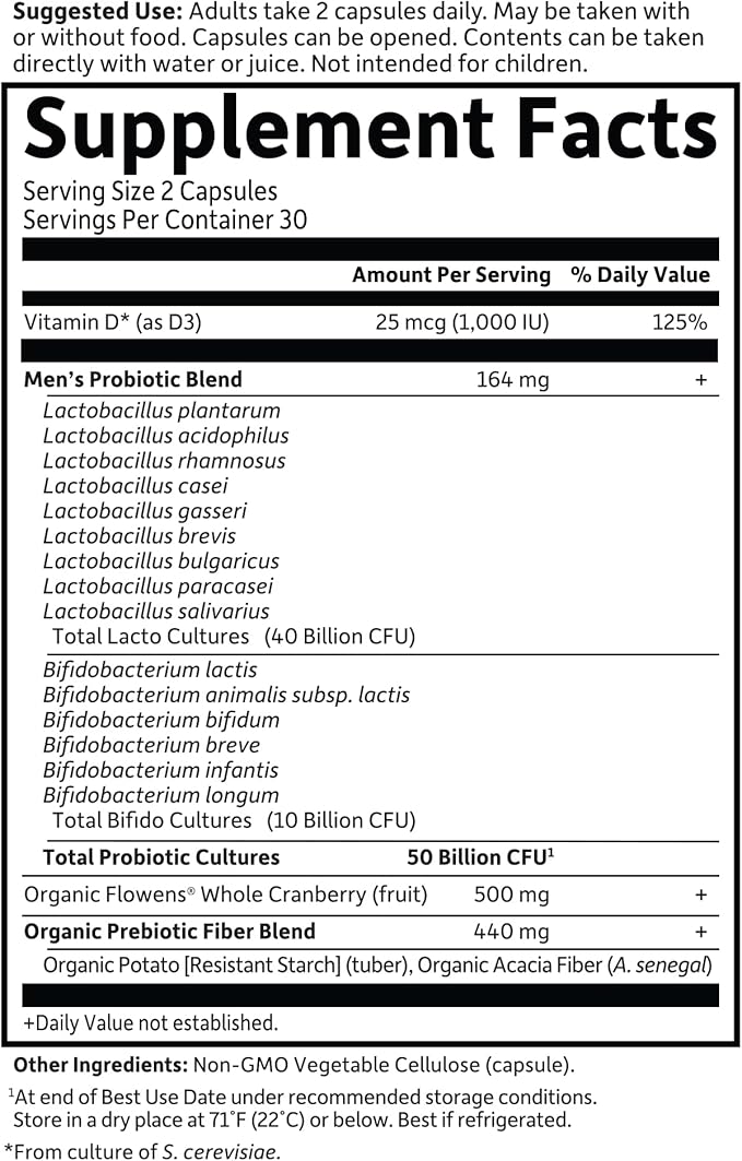 Garden of Life Dr. Formulated Probiotics Prostate+- 50 billion CFU - Supports Prostate, Immune & Gut Health - Contains Organic Flowens Cranberry & Vitamin D3 - 60 Vegetarian Capsules