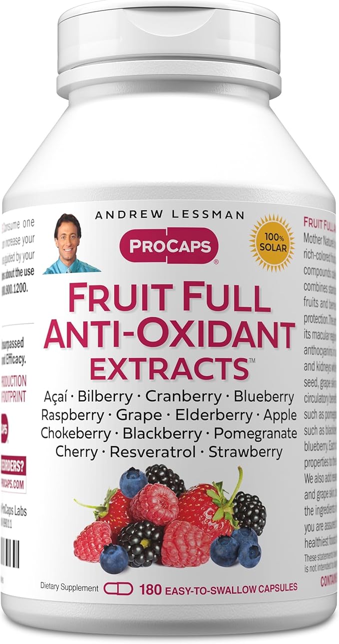 ANDREW LESSMAN Fruit Full Anti-Oxidant Extracts 180 Capsules - 14 Natural Fruit and Berry Extracts. Bilberry, Cranberry, Grape Seed, Pomegranate, Resveratrol, and More. Easy to Swallow Capsules