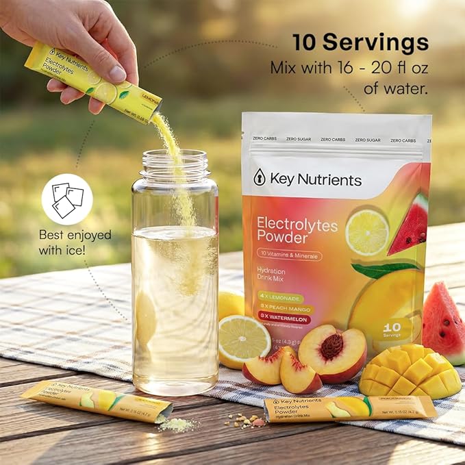 KEY NUTRIENTS Electrolytes Powder Packets – Variety Pack – Sugar Free Hydration Drink Mix – Keto Electrolytes Hydration Packets – Improved Refreshing Taste Lemonade, Peach Mango & Watermelon – 10 Pack