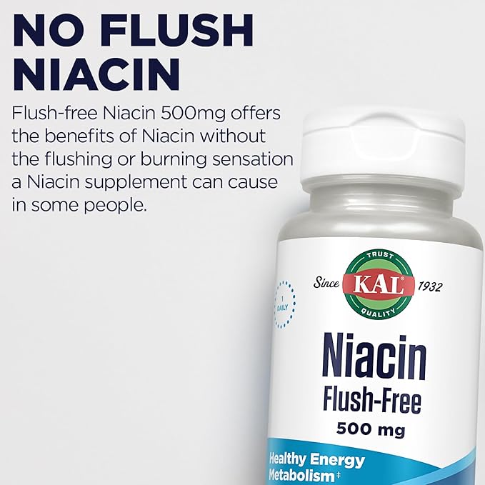 KAL Niacin 500mg Flush Free - Vitamin B3 Supplement - Metabolism and Energy Support - Skin, Nerve, Digestive Health and Circulation Support - Vegan Vitamin, 60-Day Guarantee, 60 Servings, 60 VegCaps