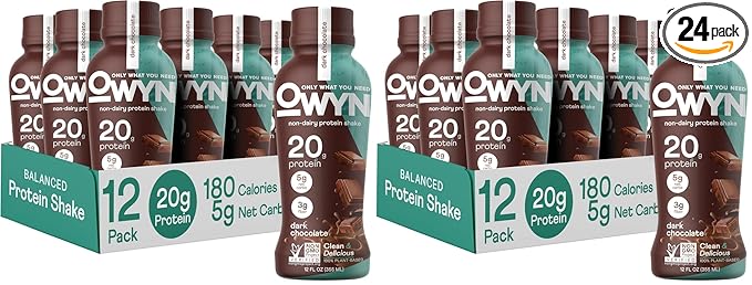 OWYN Only What You Need Plant Based Protein Shake, Dark Chocolate,20g Vegan Protein from Organic Pumpkin seed, Flax, Pea Blend,Omega-3, Prebiotic supplements, Gluten and Soy-Free,12 Fl Oz (Pack of 24)