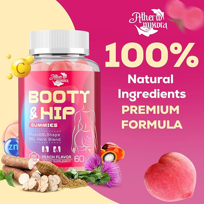 Booty Gummies for Women - BBL Gummies with Bovine Collagen Peptides - Herbal Blend with Aguaje, Fenugreek, Kwao Krua, Wild Yam, Blessed Thistle, Vitamin C & Zinc - Delicious Peach Flavor