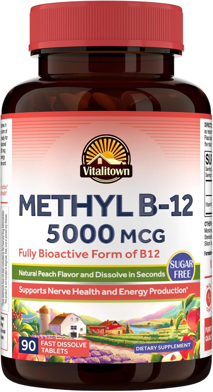 Vitalitown Vitamin B12 (Methyl B12) 5000 mcg, Fully Bioactive Form, Support Energy Production, Natural Peach Flavor, Zero Sugar, 90 Fast Dissolve Tablets