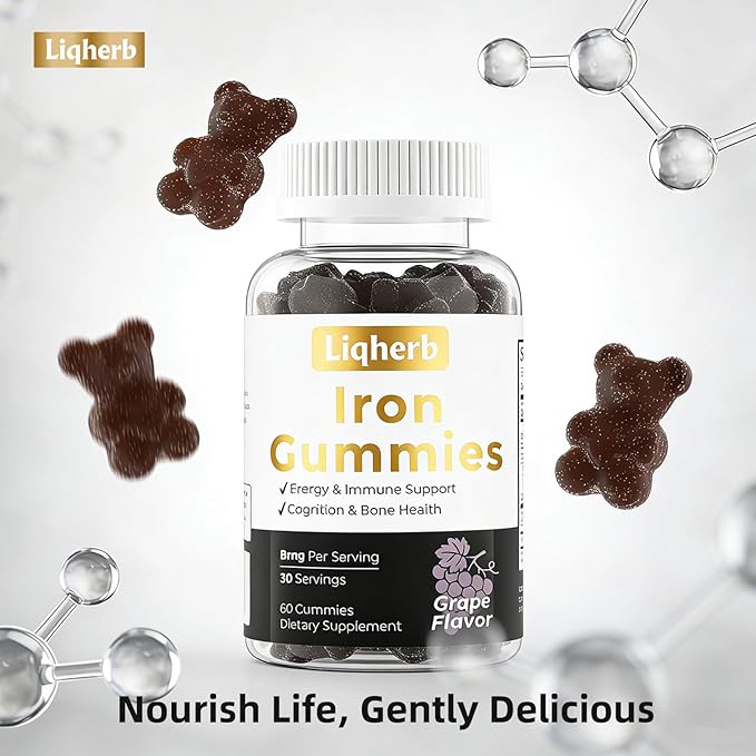 8mg Iron Supplement Gummies for Women & Men, with Boron & Vitamin C, Energy & Immune System Supports, Cognitive & Bone Health, Delicious Grape Flavor, Vegan, Non-GMO, Gluten Free, 60