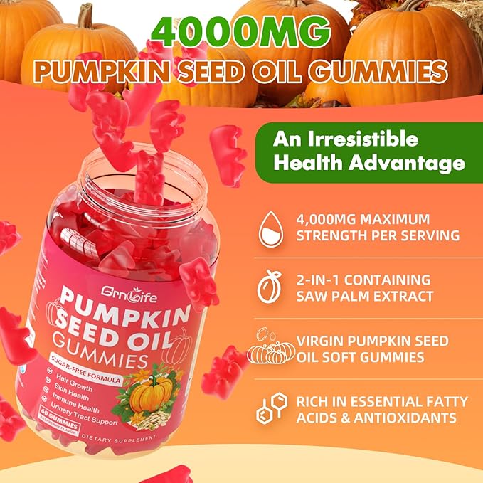 Pumpkin Seed Oil Gummies with Saw Palmetto, Organic Pumpkin Seed Oil Supplement for Hair Growth & Skin Health, High Pure Extract for Women Men, Raspberry Flavor, 60 Count