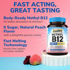 Vitamin B12 5000 mcg, Sublingual Methylcobalamin, Natural Peach Flavor, Nervous System Health, Energy Support, No Sugar, 300 Fast Dissolve Tablets