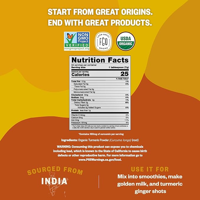 FGO Organic Turmeric Powder w/Curcumin, 2 Pound / 32oz Bulk Resealable Pouch, USDA Organic and Non-GMO, Sourced from India, Packaging May Vary (Pack of 1)