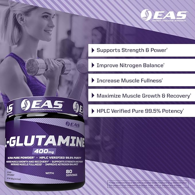 EAS L-Glutamine Powder | 99.5% Purity AjiPure Glutamine | Maximize Muscle Growth & Recovery | Improve Nitrogen Balance | 400mg, 80 Servings (Unflavored)