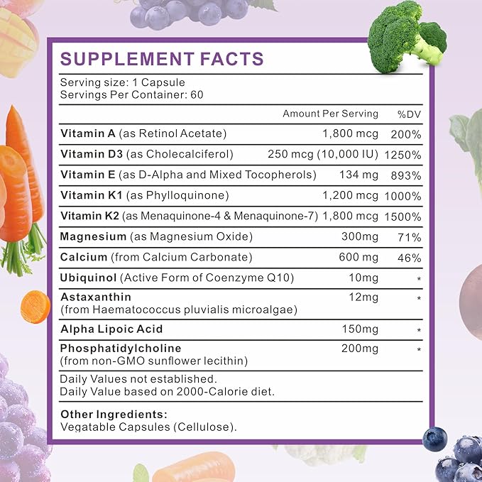 ADEK Vitamins Supplement, Vitamin A + Vitamin D3 + Vitamin E + Vitamin K1 + Vitamin K2, ADK Vitamin Supplement with Minerals and Antioxidants, Gluten-Free, 60 Capsules