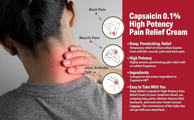 Globe (3 Pack) Capsaicin 0.1% High Potency Pain Relief Cream, Unscented (2 oz) Deep Penetrating Relief from: Arthritis, Muscle, Joint and Back Pain