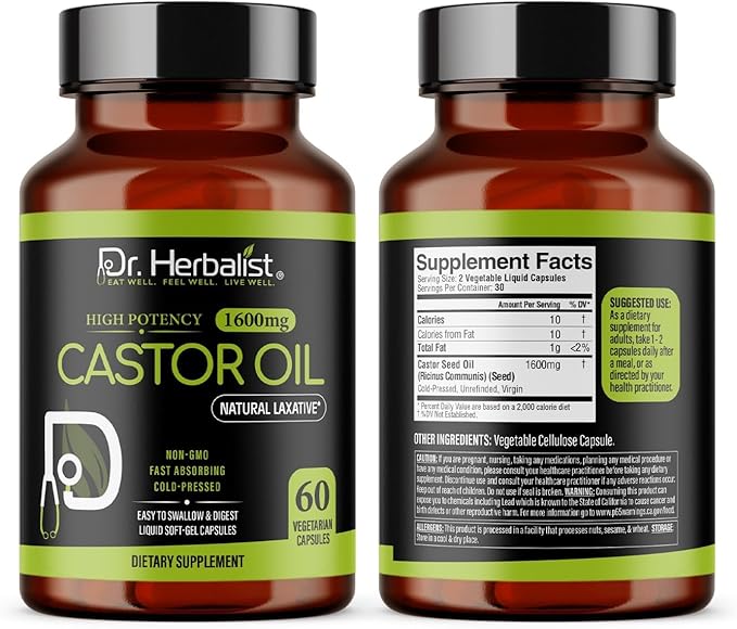Dr. HERBALIST Castor Oil Capsules 1600mg - Cold Pressed Ricinus Communis Softgels | Supports Digestive Wellness & Hair Skin Vitality* | Halal, Non-GMO, Vegan | 60ct
