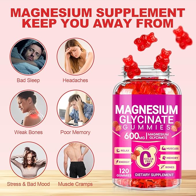 Magnesium Glycinate Gummies 600mg, Chewable Sugar Free Gummies with Magnesium Glycinate, Vitamin D, B6 and CoQ10 for Sleep, Relaxation, Brain and Muscle, 2 Pack