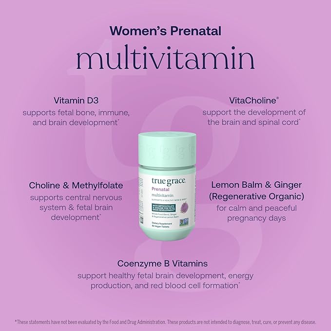 True Grace Prenatal Multivitamin - 30 Servings - Supports a Healthy Mom & Baby with Methylfolate & Choline for Fetal Brain Development - Gluten Free, Soy Free - 60 Vegan Tablets