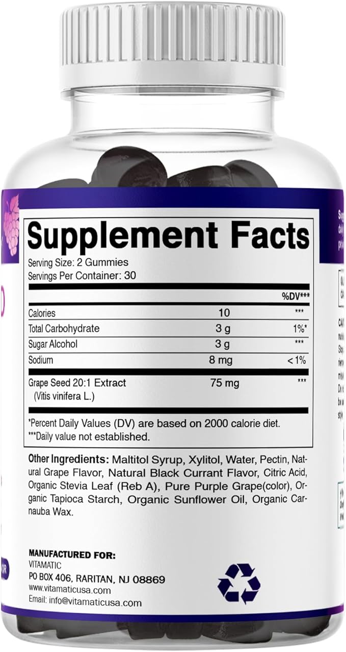 Vitamatic Grape Seed Extract Gummies – Plant-Based Botanical Extract – Natural Grape & Black Currant Flavor – Vegan, Non-GMO – Herbal Supplement – 60 Gummies