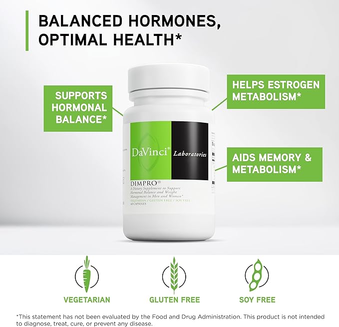 DAVINCI Labs DimPro - Dietary Supplement to Support Hormonal Balance in Men & Women & Healthy Weight Management* - with Vitamin E and More - Vegetarian - Soy-Free - Gluten-Free - 60 Capsules