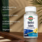 KAL Methyl Folate 1000 mcg - 5-MTHF Active Form, Folic Acid Supplement for Women and Men, Heart Health, Prenatal, Brain Support for Adults, Vegetarian, Natural Lemon ActivMelt - 60 Micro Tablets