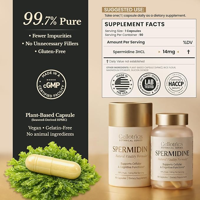 Spermidine Supplements - 1260mg | Ultra-Pure 99% Spermidine, Made in USA & USA 3rd-Party Tested |100x More Potent, Spermidine Supplements for Women & Men, Longevity Support