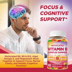 Methylated Vitamin B Complex Gummies for Women & Men with Vitamin B1, B2, B3, B5, B6, B7, B9, B12 & Magnesium, Omega-3, CoQ10, Supports Brain Health, Energy, Immune, Sugar Free, Fruit Flavor, 60ct