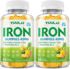 Pack of 2 Iron Gummies for Women & Men, Iron Supplement Plus Calcium, Zinc, Folate & Vitamin B12, C, B6 - Energy Support, Immune Health, Pineapple Flavor, 120 Count