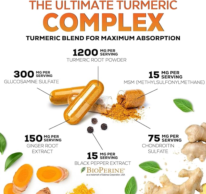 Turmeric Curcumin Supplement - 95% Curcuminoids with Glucosamine, Ginger & MSM, BioPerine Black Pepper Extract for Best Absorption, Natural Vegan Joint Support, Non-GMO, Bottled in USA - 120 Capsules