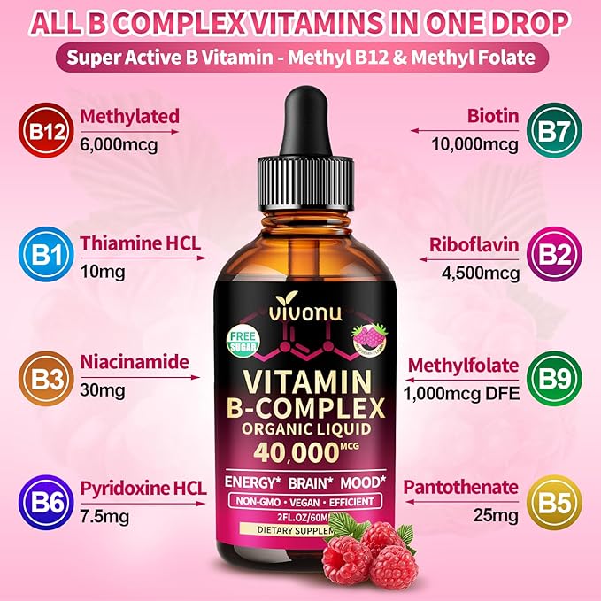 VivoNu Vitamin B Complex Liquid Drops, Methylated Vitamin B12 6000 mcg, B1, B6, B3, B5, B2, Folate, Biotin with Vitamin C D A E, Magnesium, Zinc, CoQ10 for Energy (2 Bottle)