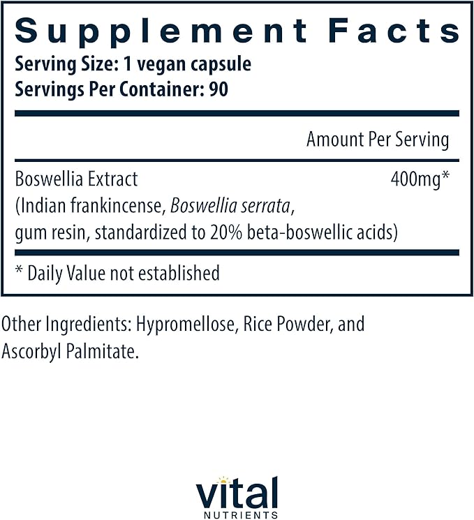 Vital Nutrients Boswellia Extract 400mg - Boswellia Extract Capsules - Herbal Support for Joint, Immune, and Digestive Health - Gluten, Dairy, Soy Free - Non-GMO - 90 Capsules
