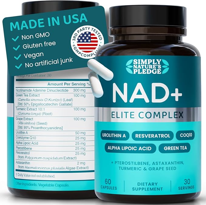 NAD+ Elite Complex – Direct NAD+ 300 mg with Urolithin A, Resveratrol, CoQ10 & Antioxidant Blend – Cellular Energy, Mitochondrial Support & Healthy Aging – Vegan, Non-GMO, 60 Capsules (30 Servings)