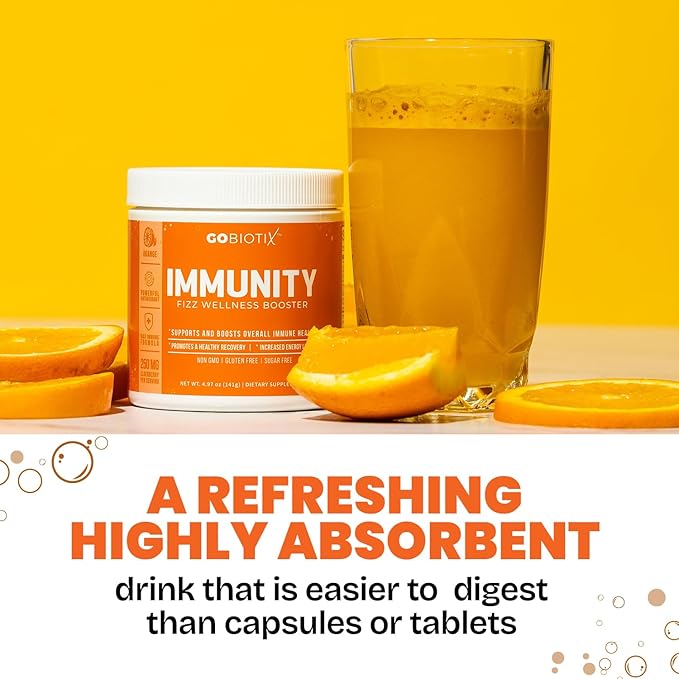 GOBIOTIX Vitamin C - Immune Defense Support Supplement - Immunity Powder Wellness Booster - Vegan Superfood - Elderberry, Turmeric, B12 Vitamin Supplement, Non-GMO and Sugar Free (Orange)