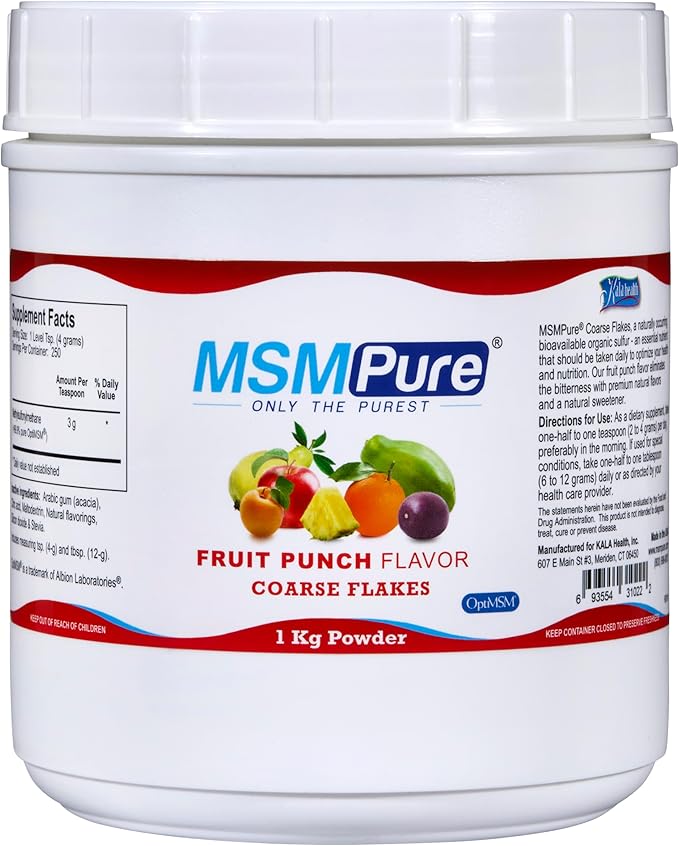 KALA HEALTH MSMPure Fruit Punch Flavored Coarse MSM Powder Flakes – US-Made MSM for Joint Health, Skin Appearance, and Hair & Nail Support – 2.2 lb, Organic Sulfur