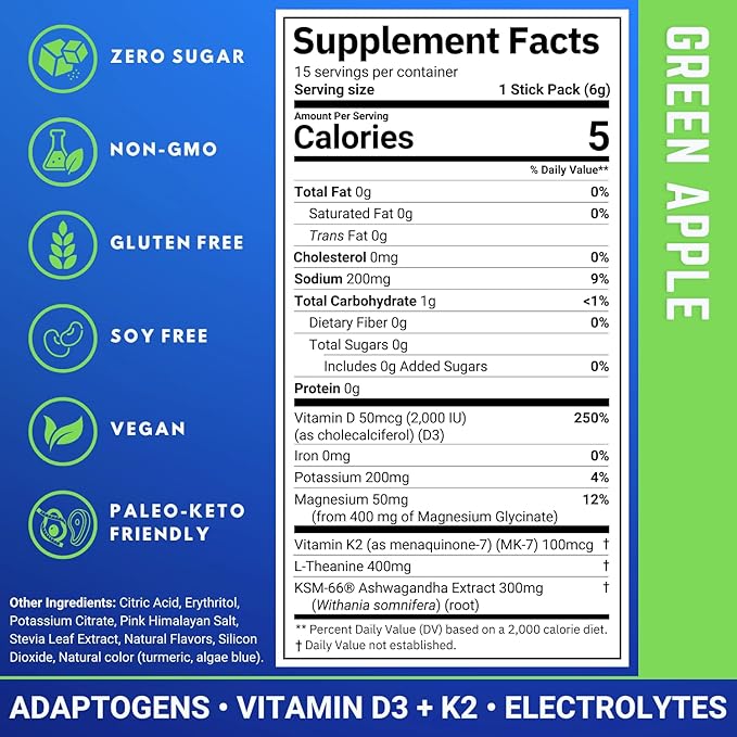 Muscle I.V.® Mood Support, Recovery, Cortisol Reducer Supplement, Vitamin D3 K2, Magnesium Glycinate, L-Theanine, KSM-66® Ashwagandha, Electrolytes Powder Packets, Sugar Free. 15 Ct, Green Apple