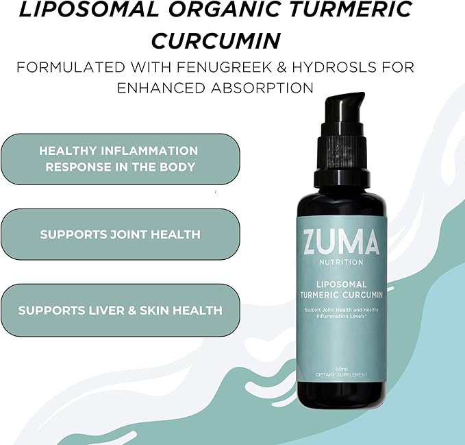 Zuma Nutrition Liposomal Turmeric Curcumin Drops, Vegan Natural Liquid Tonic with Black Pepper Extract for Joint, & Liver Health Support, Herbal Supplement for Men & Women, 60 ML Bottle