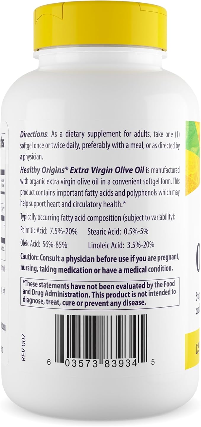 Healthy Origins Extra Virgin Olive Oil 1,250 mg (Made with Organic Extra Virgin Olive Oil, Non-GMO, Gluten Free, Cardiovascular Support), 120 Softgels