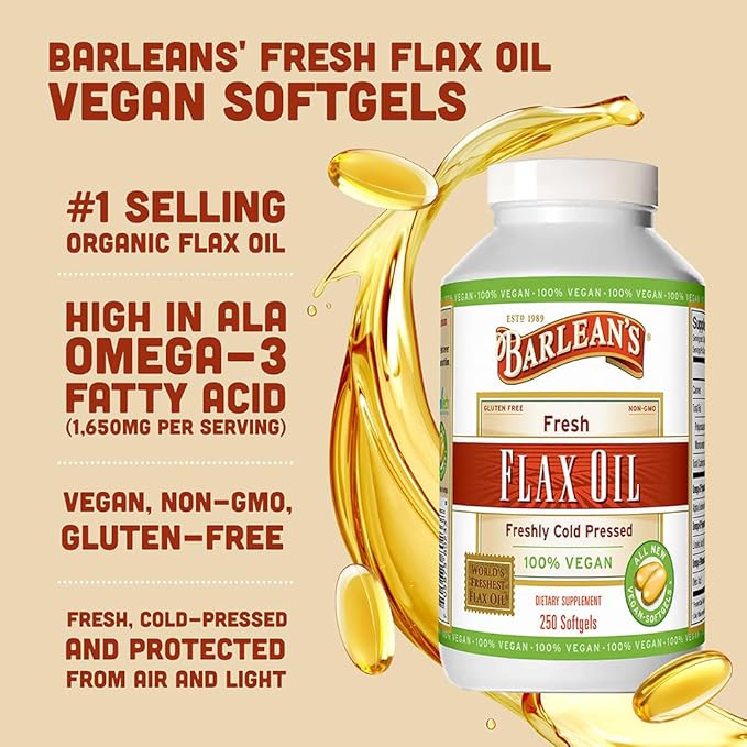 Barlean's Vegan Flaxseed Oil Supplements, Cold-Pressed Flax Seed Supplement Softgels with 1650 mg ALA Fatty Acids, 250 Count