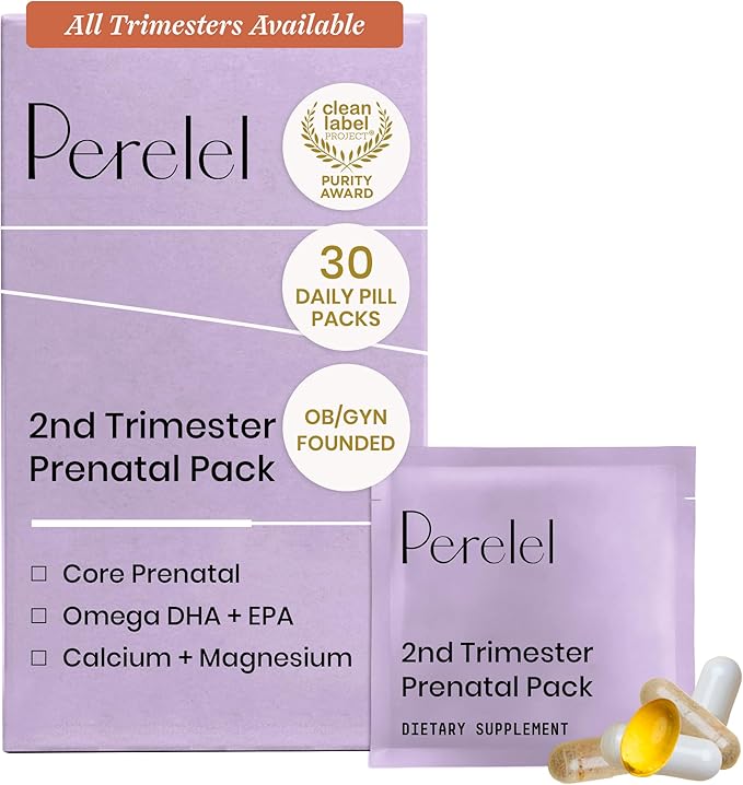 Perelel 2nd Trimester Prenatal Pack, Multivitamin with Magnesium, Omega 3, Iron & Calcium, Nutritional Support for Second Trimester Wellness, Soy & Gluten Free, Non GMO, 30 Daily Pill Packs