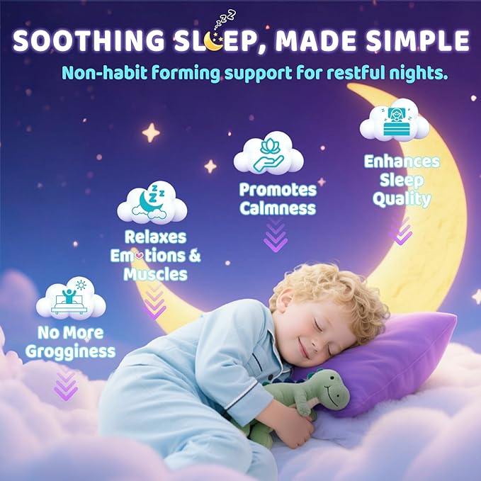 Kids Sleep Gummies, NO Melatonin Sleep Aid Gummies w/ Magnesium Glycinate, Magnesium Malate, L-Theanine, Lavender, B6, Zinc, D3K2 for Restful Sleep, Relax Brain & Muscle, Immune Support, Non-GMO 1Pack