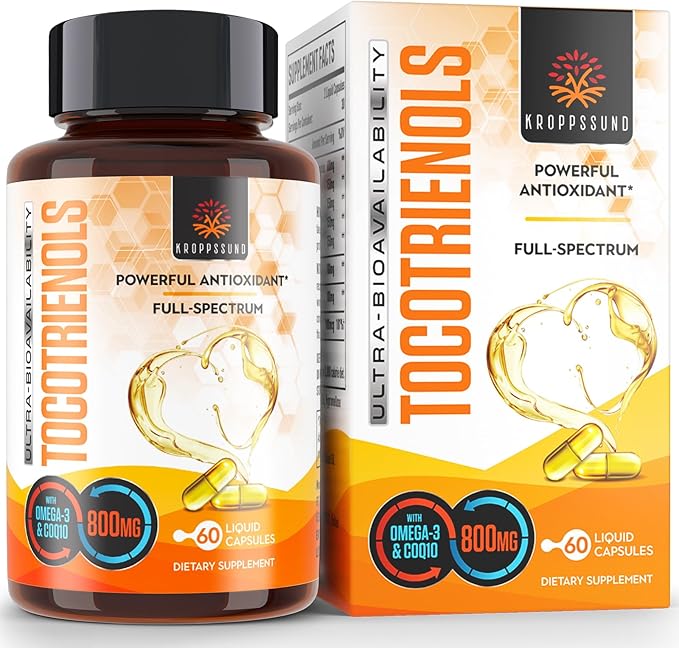 Kroppssund Tocotrienols 800mg Supplement | Rich in Vitamin E Tocotrienols, Cardiovascular, Antioxidant, Cellular Energy Production - 60 Liquid Capsules