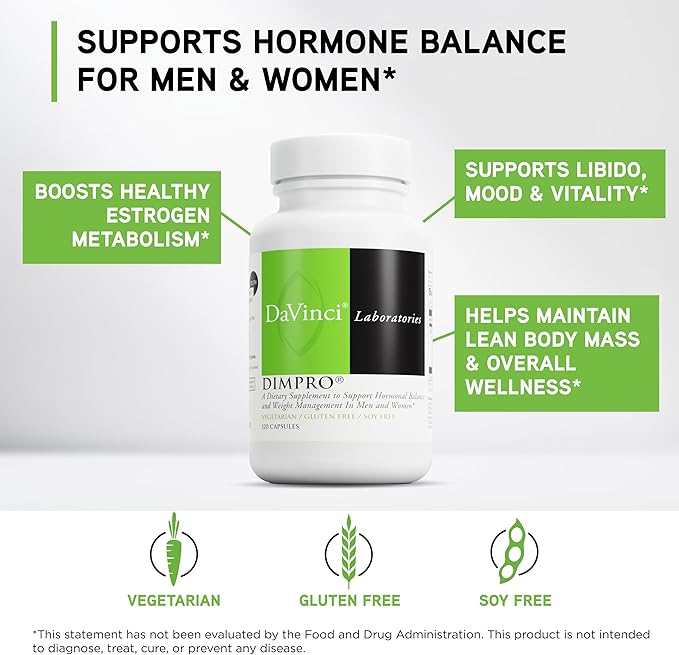 DAVINCI Labs DimPro - Dietary Supplement to Support Hormonal Balance in Men & Women & Healthy Weight Management* - with Vitamin E and More - Vegetarian - Soy-Free - Gluten-Free - 120 Capsules