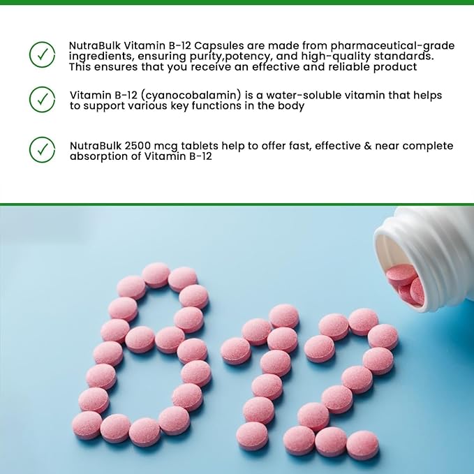 NutraBulk Vitamin B12 2500 mcg Quick Dissolve Lozenges - Cherry Flavored B-12 Sublingual - B12 Vitamins Supplement (as Cyanocobalamin) for Energy & Red Blood Cell Support - Made in USA (250 Count)