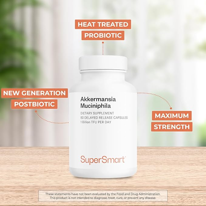 Supersmart Akkermansia Muciniphila 1 Billion TFU per Day (Pasteurized Probiotic) - Enhanced Absorption - Postbiotic Supplement | Non-GMO & Gluten Free - 60 Delayed Release Capsules