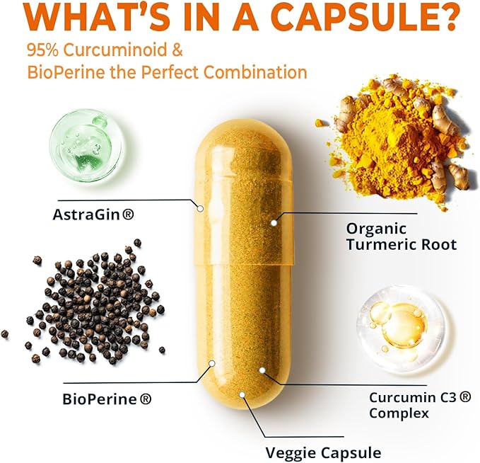 Turmeric Curcumin with BioPerine Black Pepper 1400mg, Support GLP-1 Naturally, Max Absorption Turmeric Supplement for Joint Support with 95% Standardized Curcuminoids C3 Complex, Non GMO, 120 Capsules