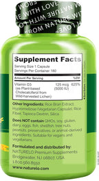 NATURELO Vitamin D - 5000 IU - Plant Based from Lichen - Natural D3 Supplement for Immune System, Bone Support, Joint Health - High Potency - Vegan - Non-GMO - Gluten Free - 180 Capsules (Pack of 2)