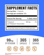 BulkSupplements.com Potassium Gluconate Capsules - Potassium Gluconate Supplement, Potassium Gluconate 99mg, Potassium Supplement - Gluten Free, 1 Capsule per Serving, 365 Capsules (Pack of 1)