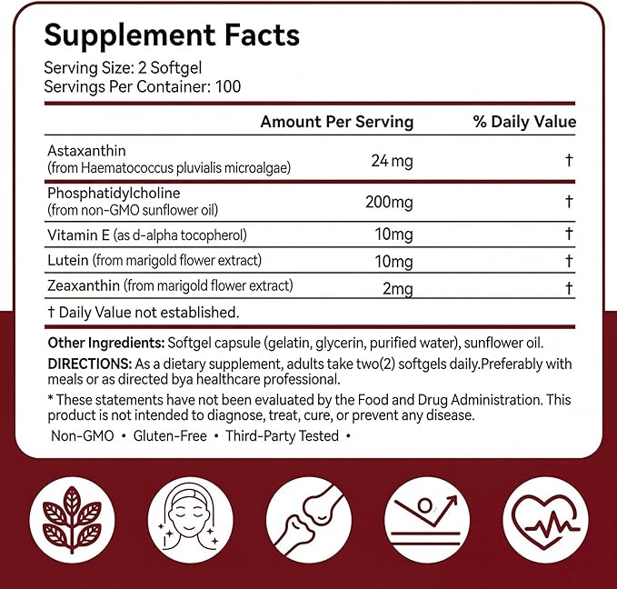 GBN Astaxanthin Supplements 24mg 200 Softgels, Supports Eye, Skin, Joint, Brain, Heart & Immune System Health, Stamina & Healthy Aging for Women & Men, Fresh Microalgae Source